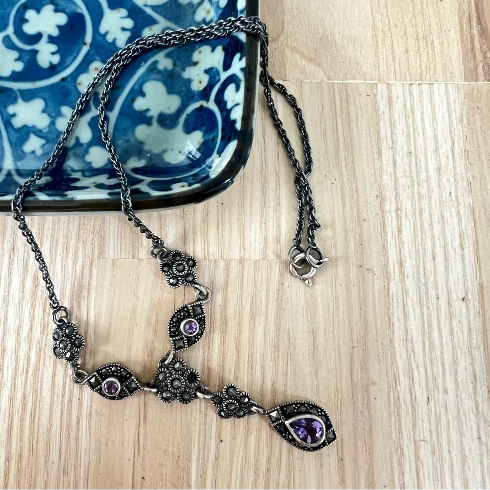 925 sterling silver vintage style purple stones marcasite necklace